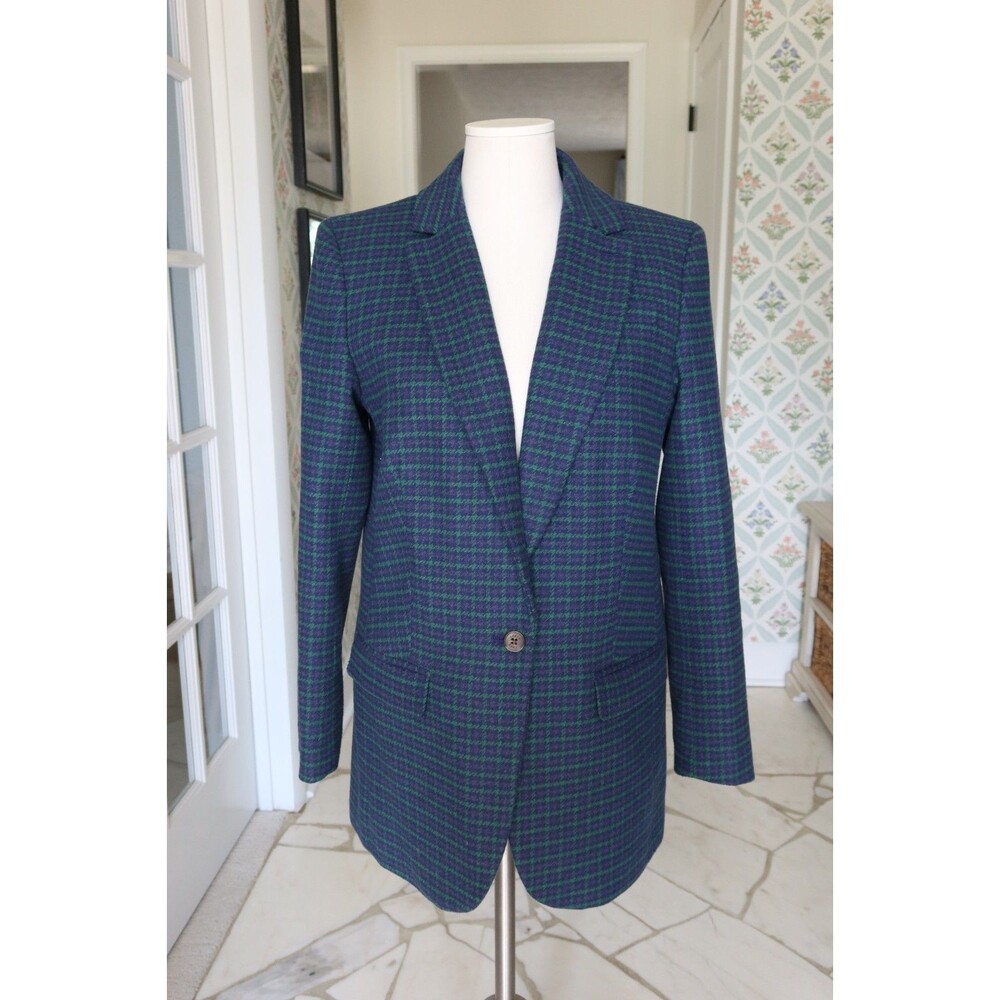 J.Crew Relaxed Green Navy Plaid Tartan One Button Blazer Wool Blend Size 6